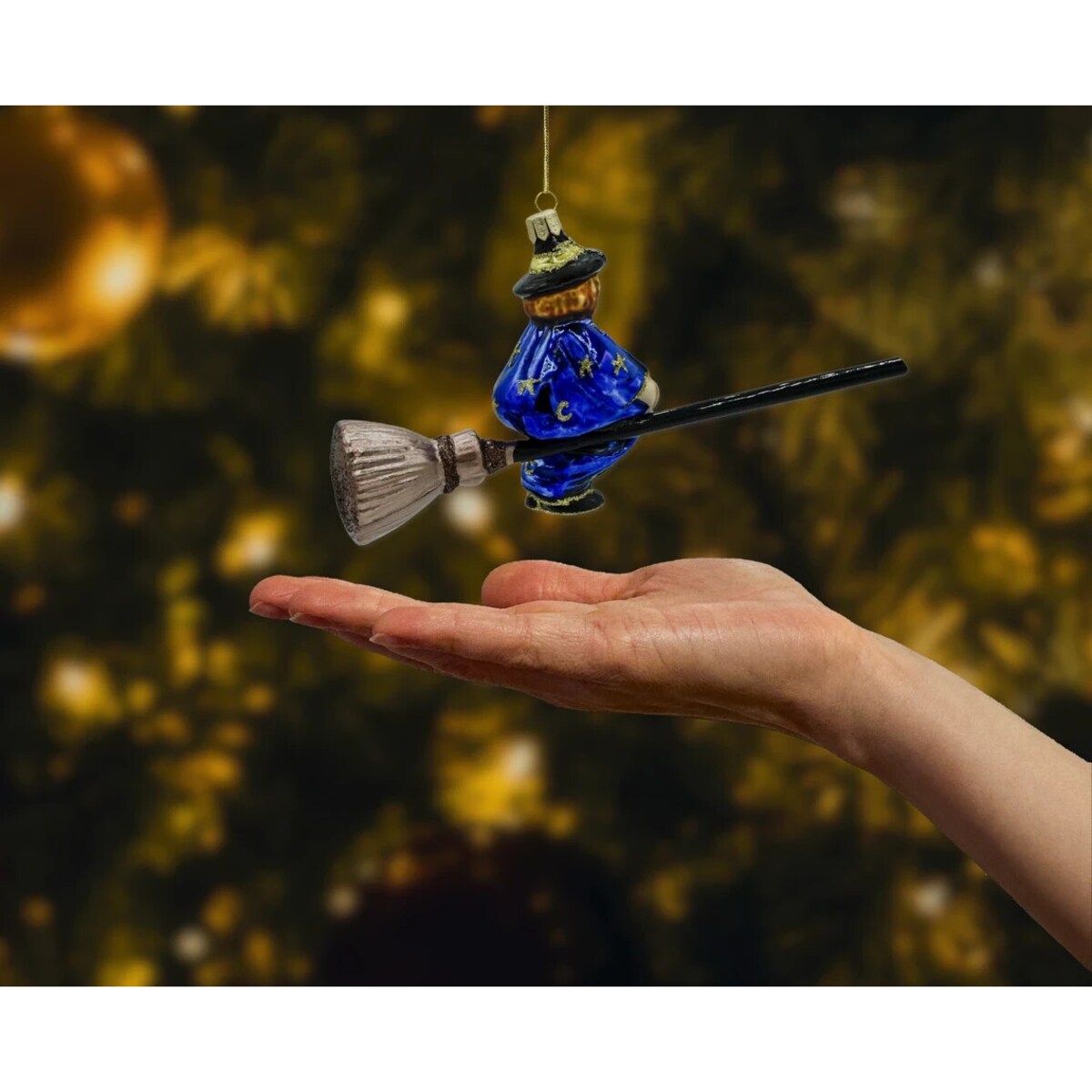 Bombka choinkowa szklana: Niebieska Czarownica na Miotle