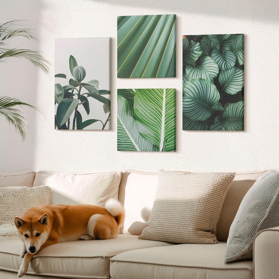 Zestaw 4 obrazów na płótnie - Liście tropikalne w zieleni - zielony