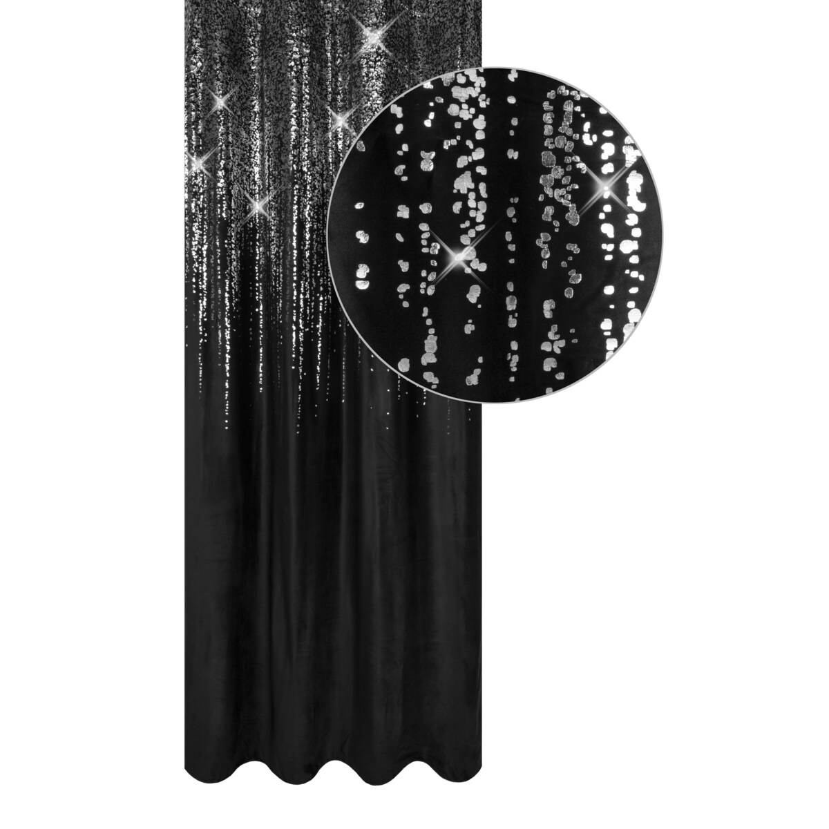 Zasłona welurowa "srebrny deszcz" 140x270 na taśmie marszczącej. Czarny