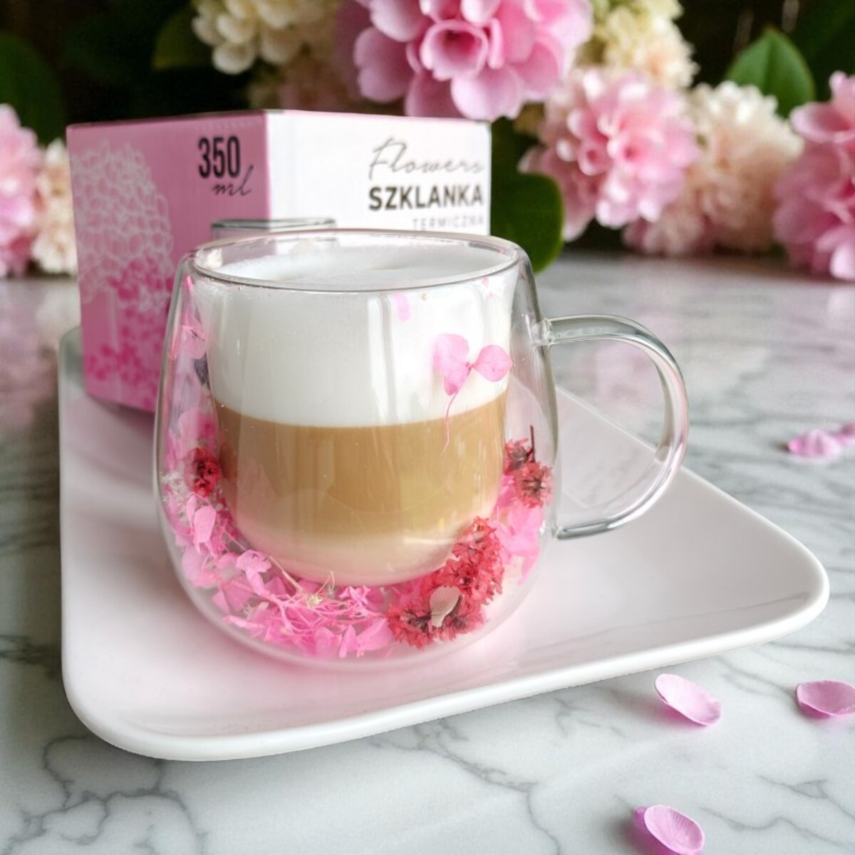 Szklanka termiczna z kwiatami w środku, gipsówka hortensje róż 300 ml 1szt SZK182