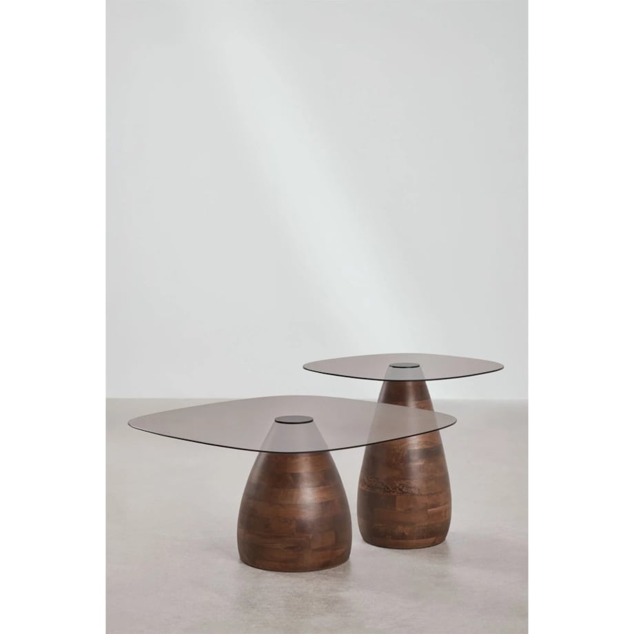 Komplet dwóch stolików z drewna mango i hartowanego szkła Mariana