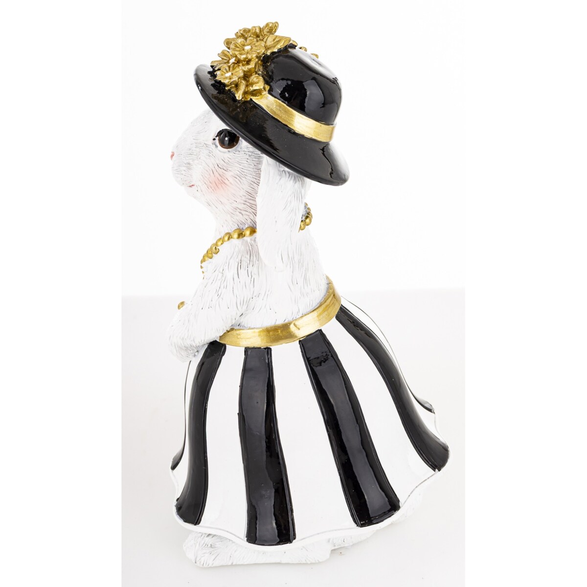 Dekoracja - biała króliczka w czarnym kapeluszu 17,5x10,5x10,5 cm spódniczka w pasy czarno-białe