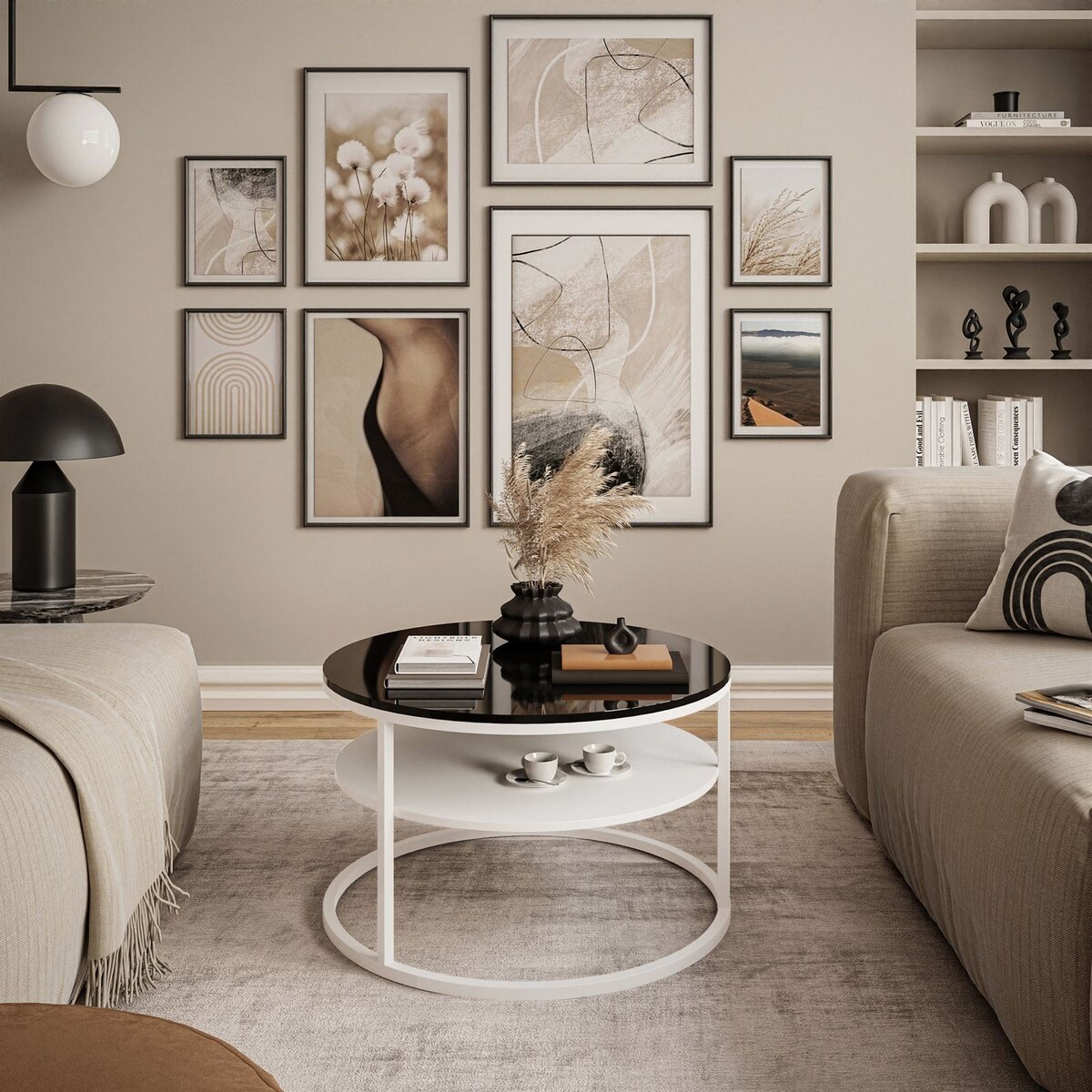 Stolik kawowy CIRI z półką biały czarny połysk