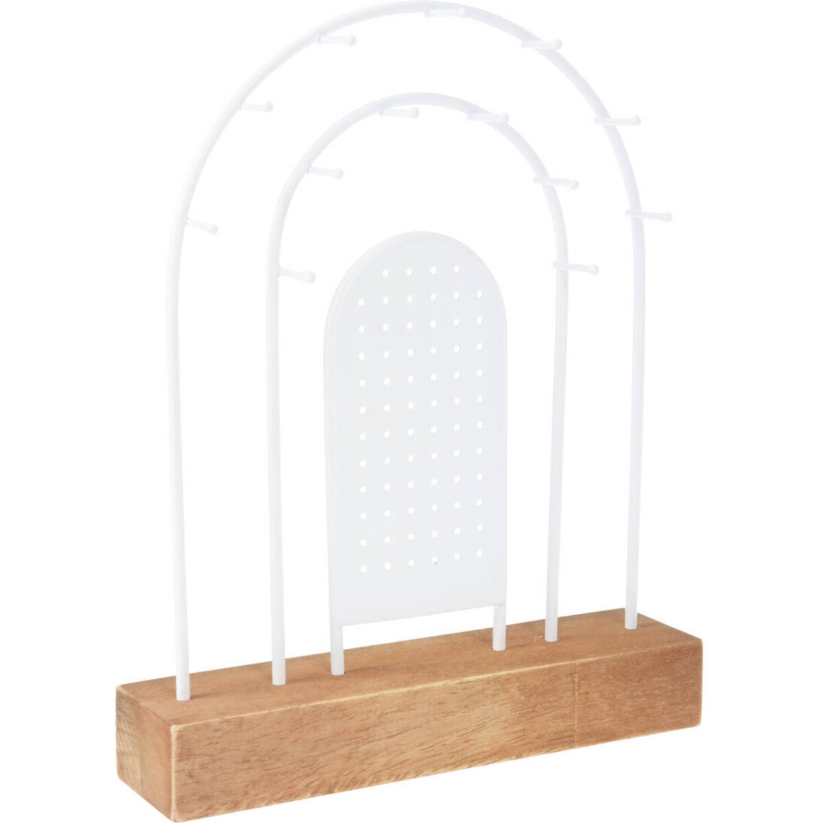 Metalowy stojak na biżuterię, drewniana podstawka, 18 x 4,5 cm