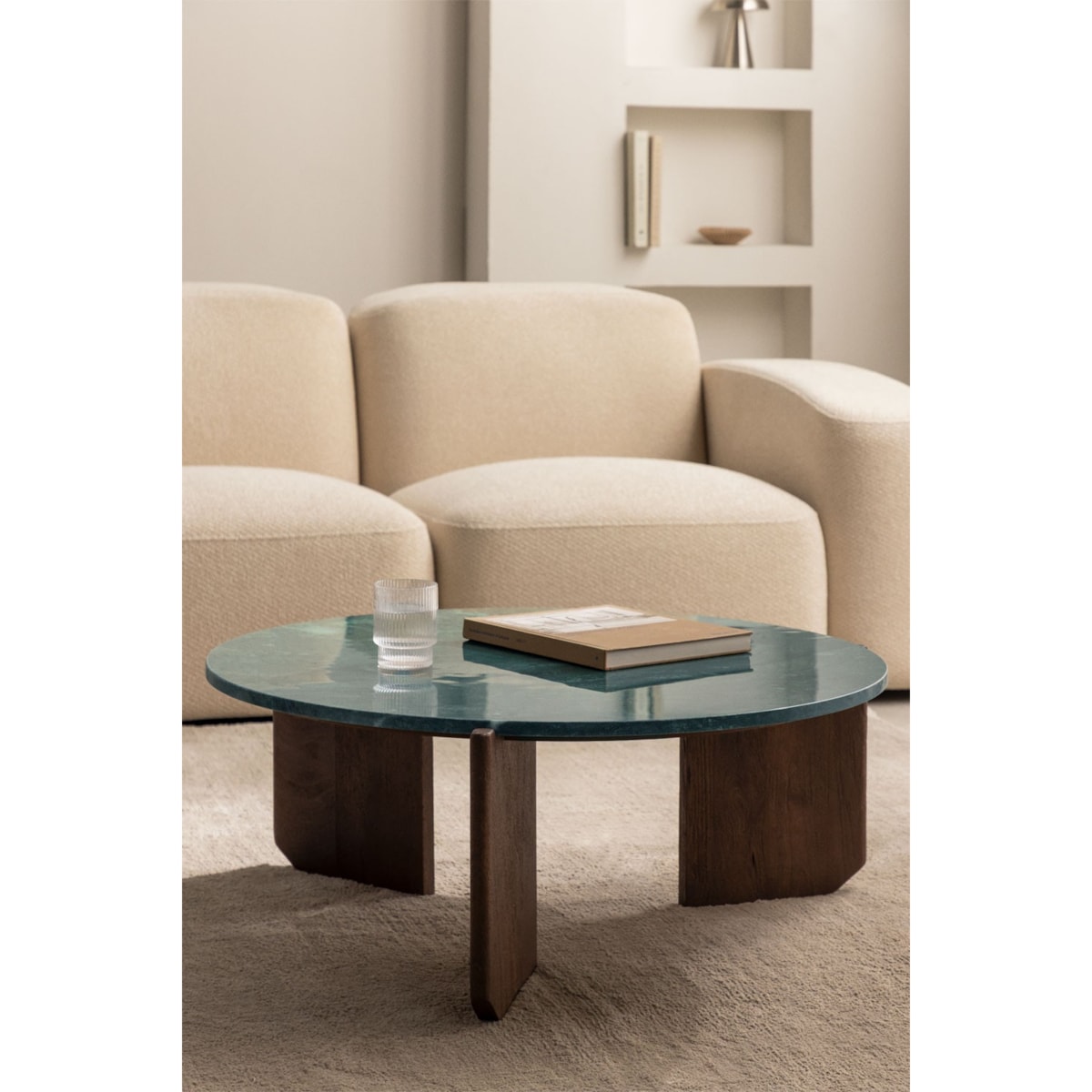 Stolik kawowy z drewna mango i zielonego marmuru Lavinia Ø90 cm