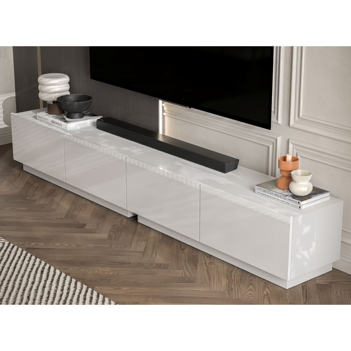 Szafka RTV Glamour Stojąca / Wisząca Komoda RTV Fronty Biały połysk 240 cm