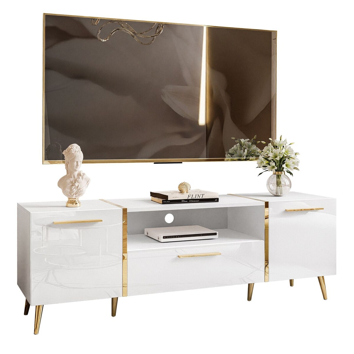 Szafka RTV ONYX na złotych nóżkach wysoki połysk 158 cm, biały połysk, złote uchwyty