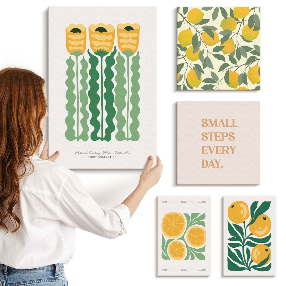 Zestaw 5 obrazów na płótnie - Kwiaty cytrusy pozytywne hasła - żółty