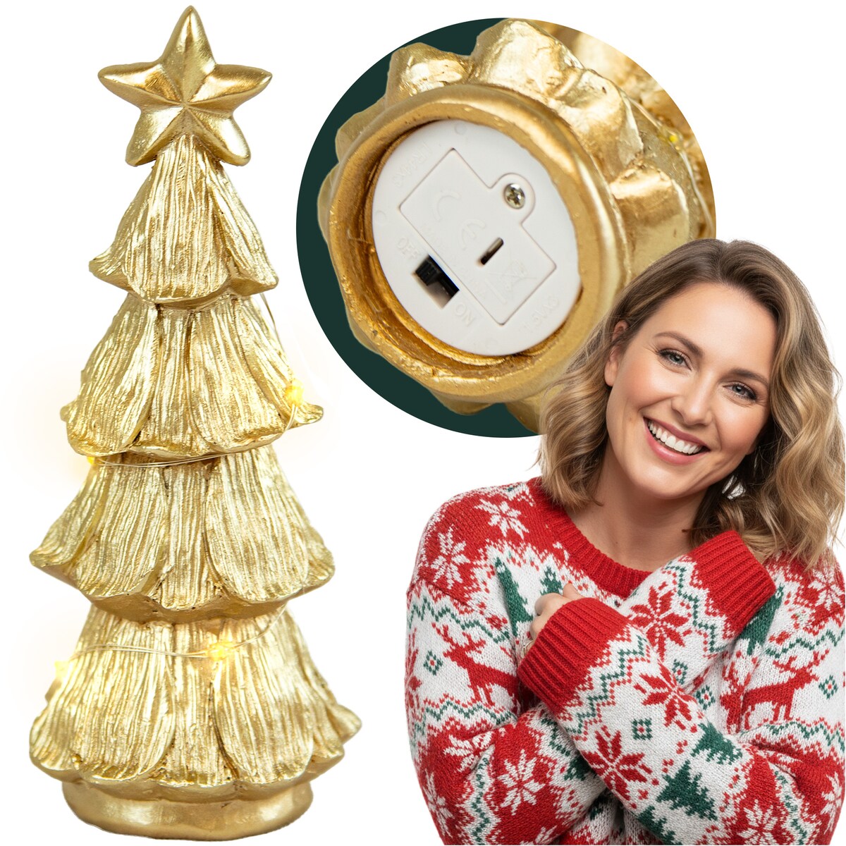 Choinka Led Złota Świecąca Figurka 15,5 Cm Ozdobna Dekoracja Świąteczna Na Baterie