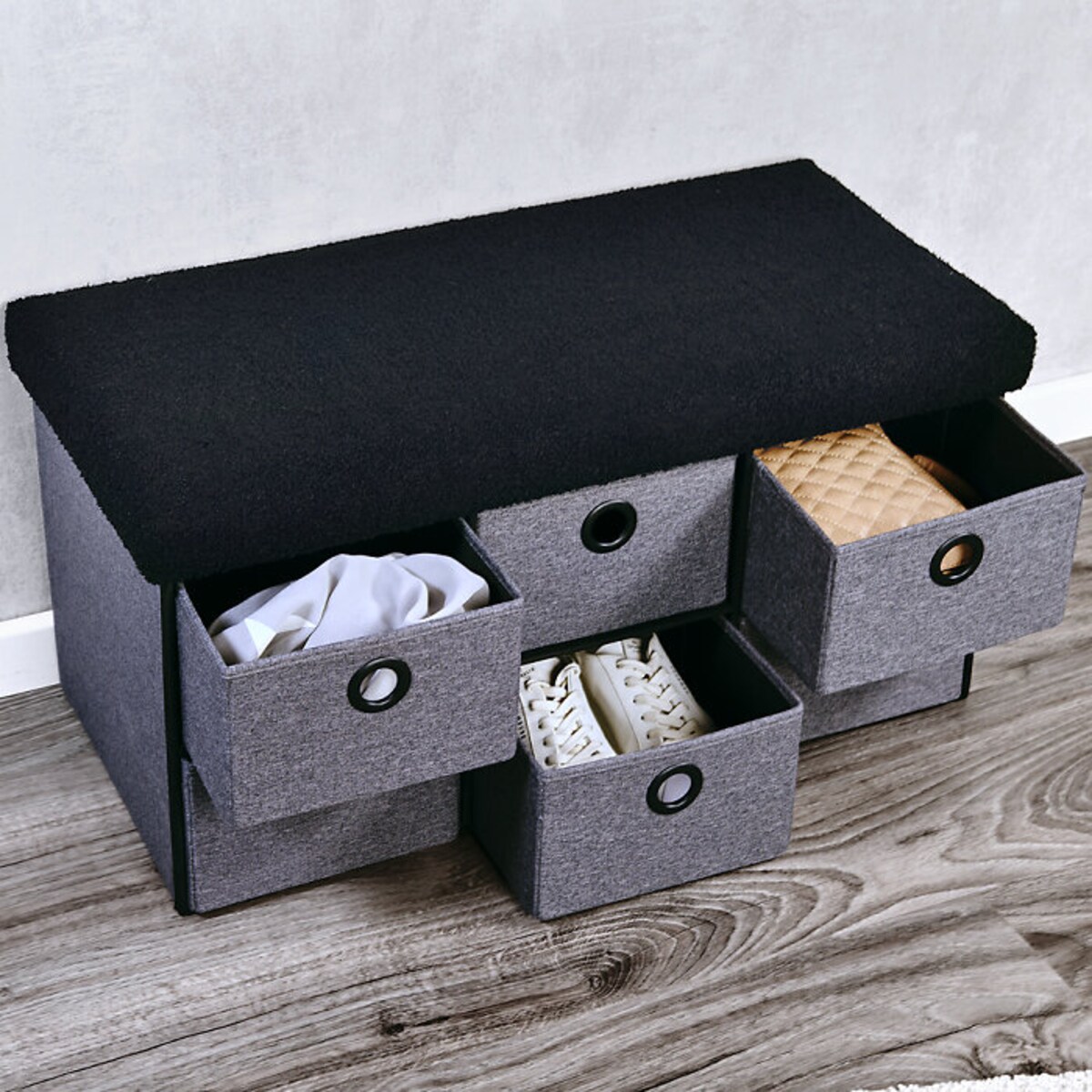 Siedzisko do przedpokoju z imitacji lnu, 6 szuflad