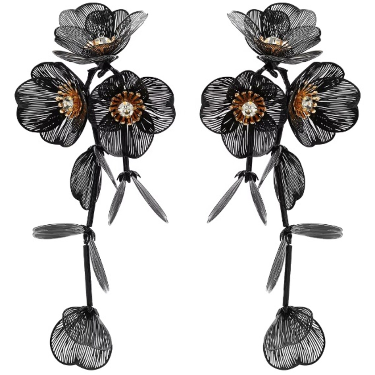 CZARNE kwiatowe kolczyki listki wiszące złote cyrkonie ELEGANCKIE lekkie