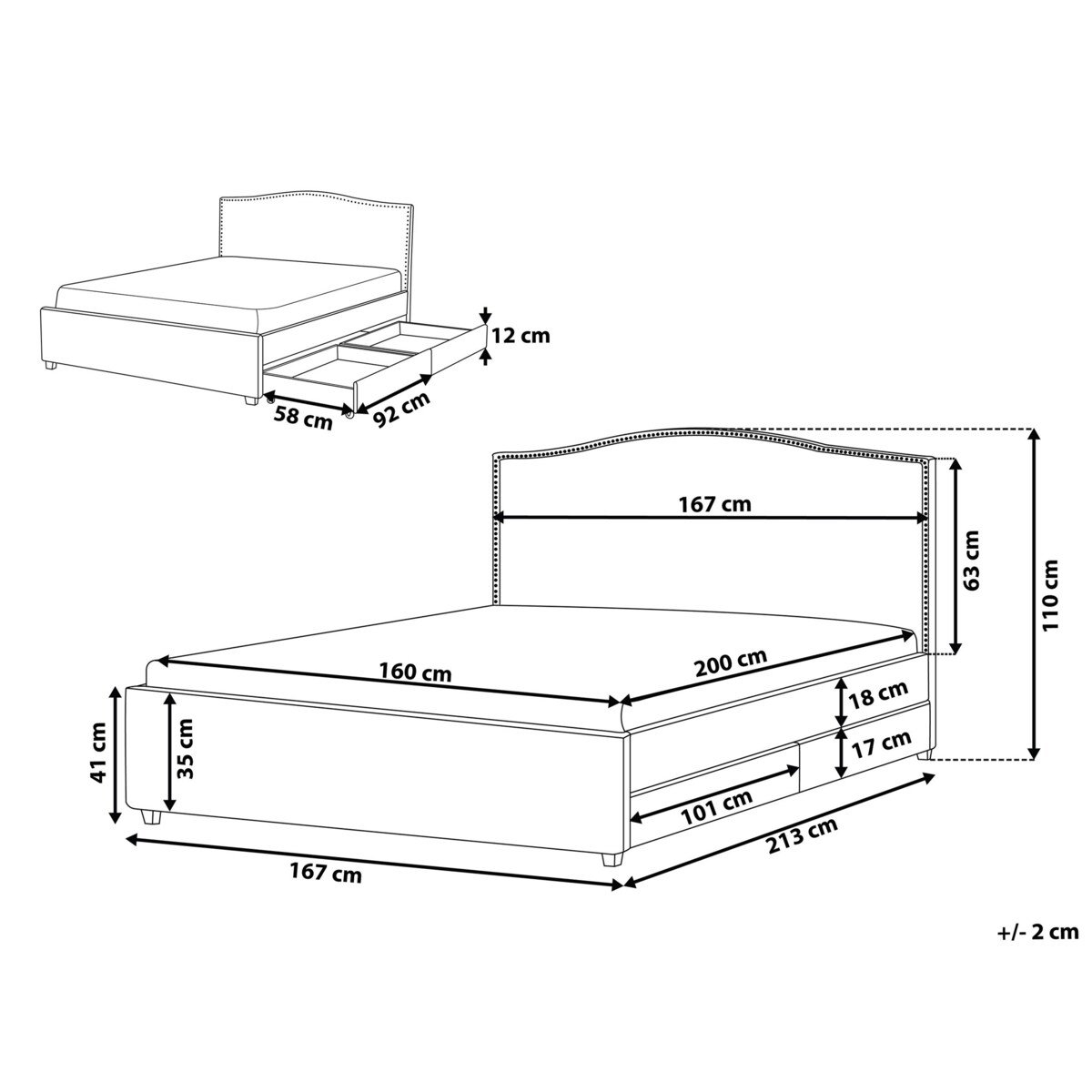Łóżko z szufladami tapicerowane 160 x 200 cm szare MONTPELLIER