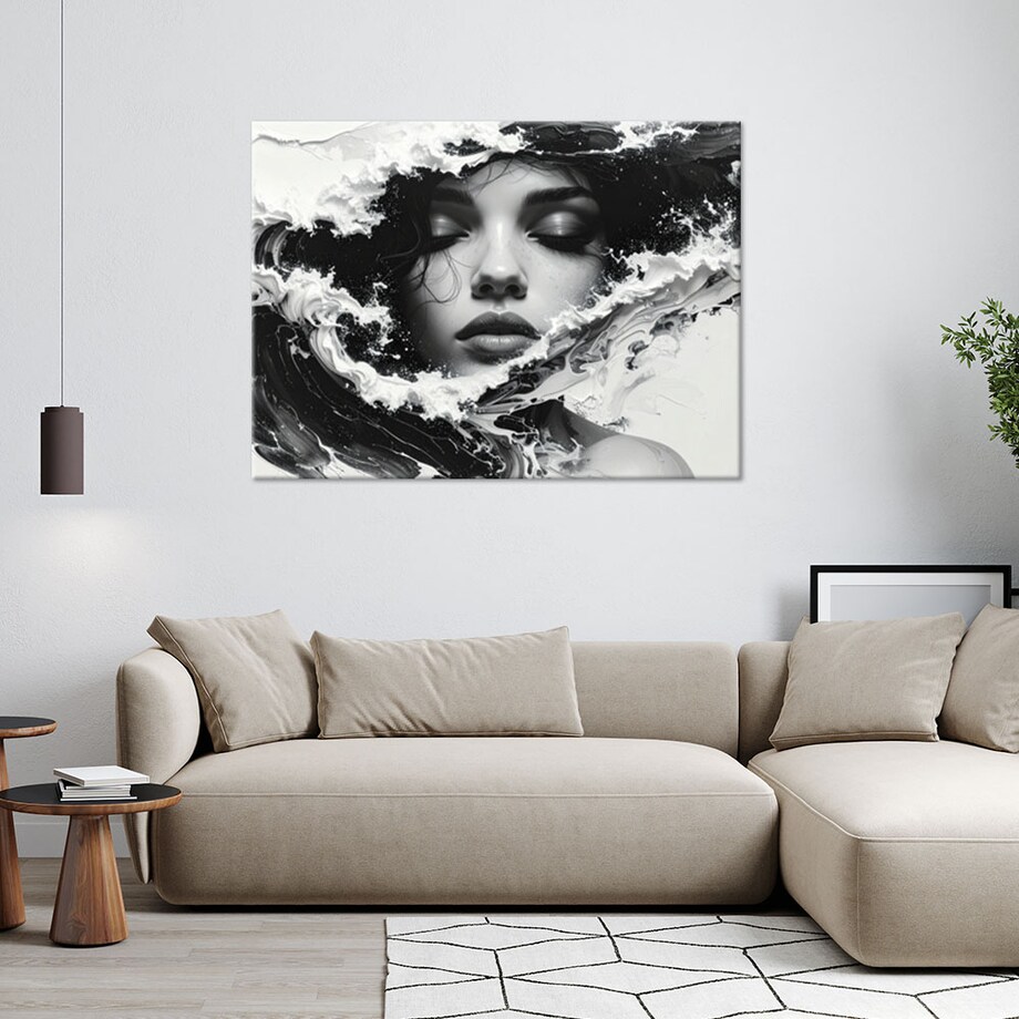 Obraz do salonu, Portret kobiecy czarno biały w stylu artystycznym fale morskie 60x40 cm