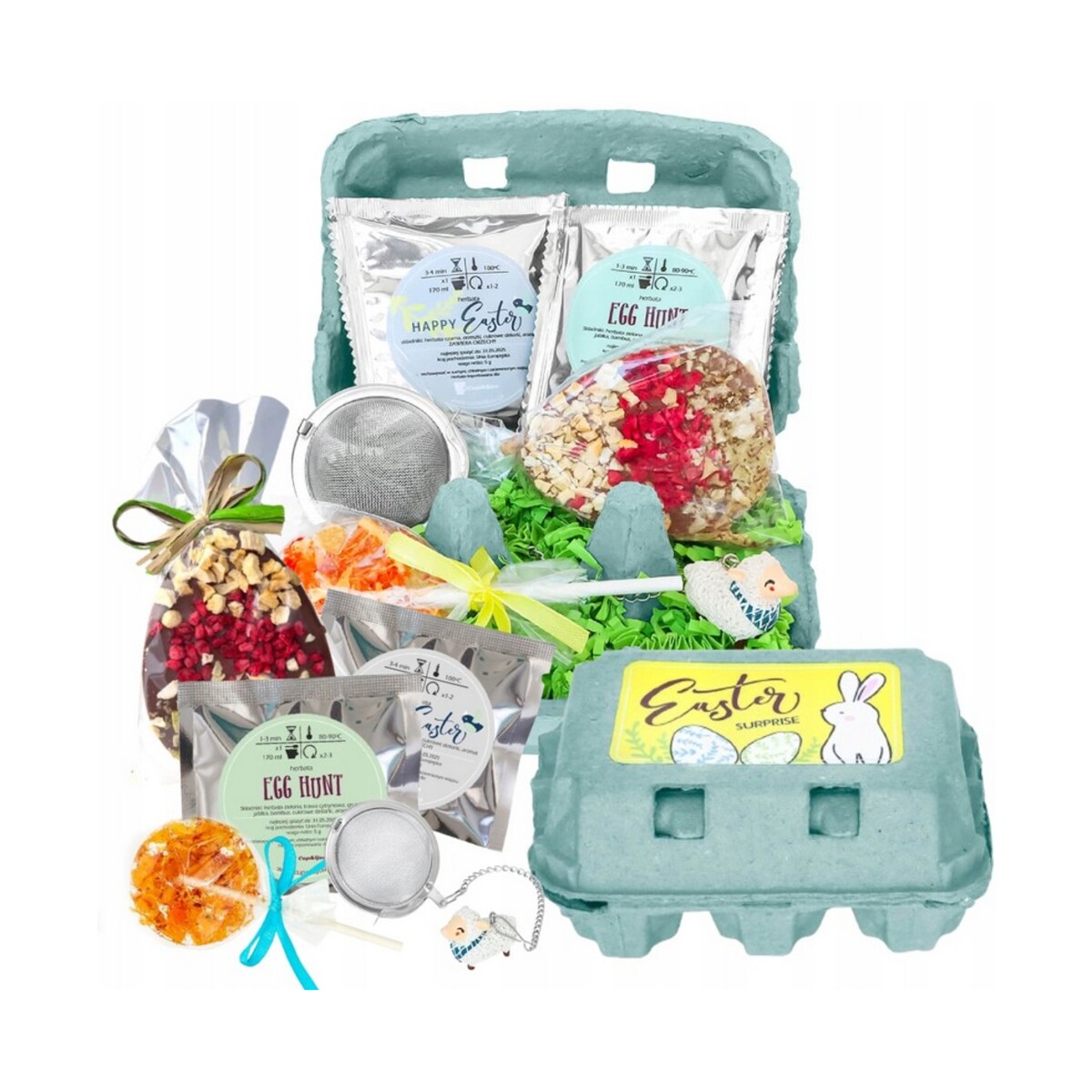 ORYGINALNA PACZKA NA WIELKANOC ZAJĄCZKA - ZESTAW PREZENTOWY HERBATA LIZAK MANGO TANGO CZEKOLADKA ZAPARZACZ - PREZENT UPOMINEK DLA KOBIETY FACETA