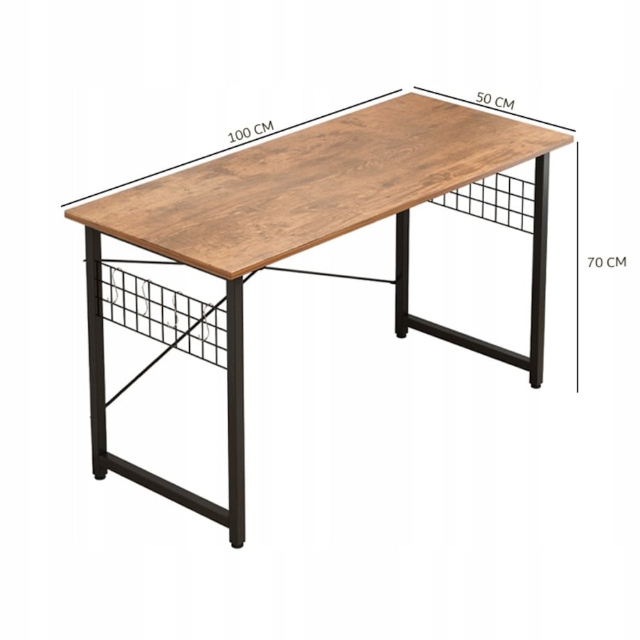Biurko komputerowe loft industrialne szkolne rustykalny brąz z haczykami