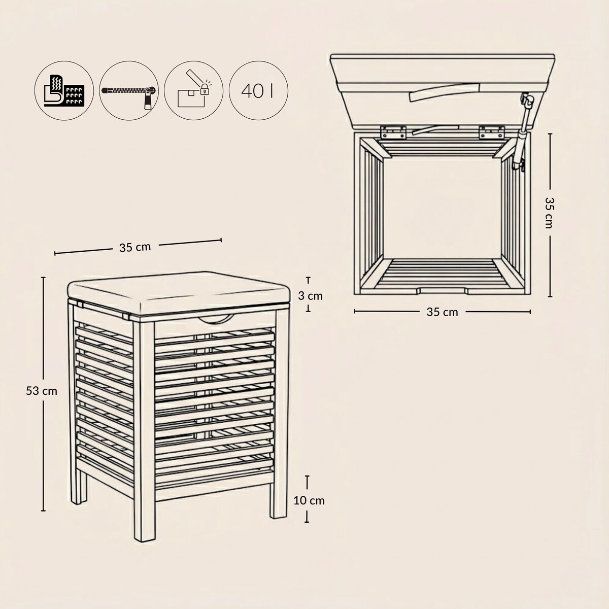 Bambusowy kosz na pranie z siedziskiem DISA, 40 l