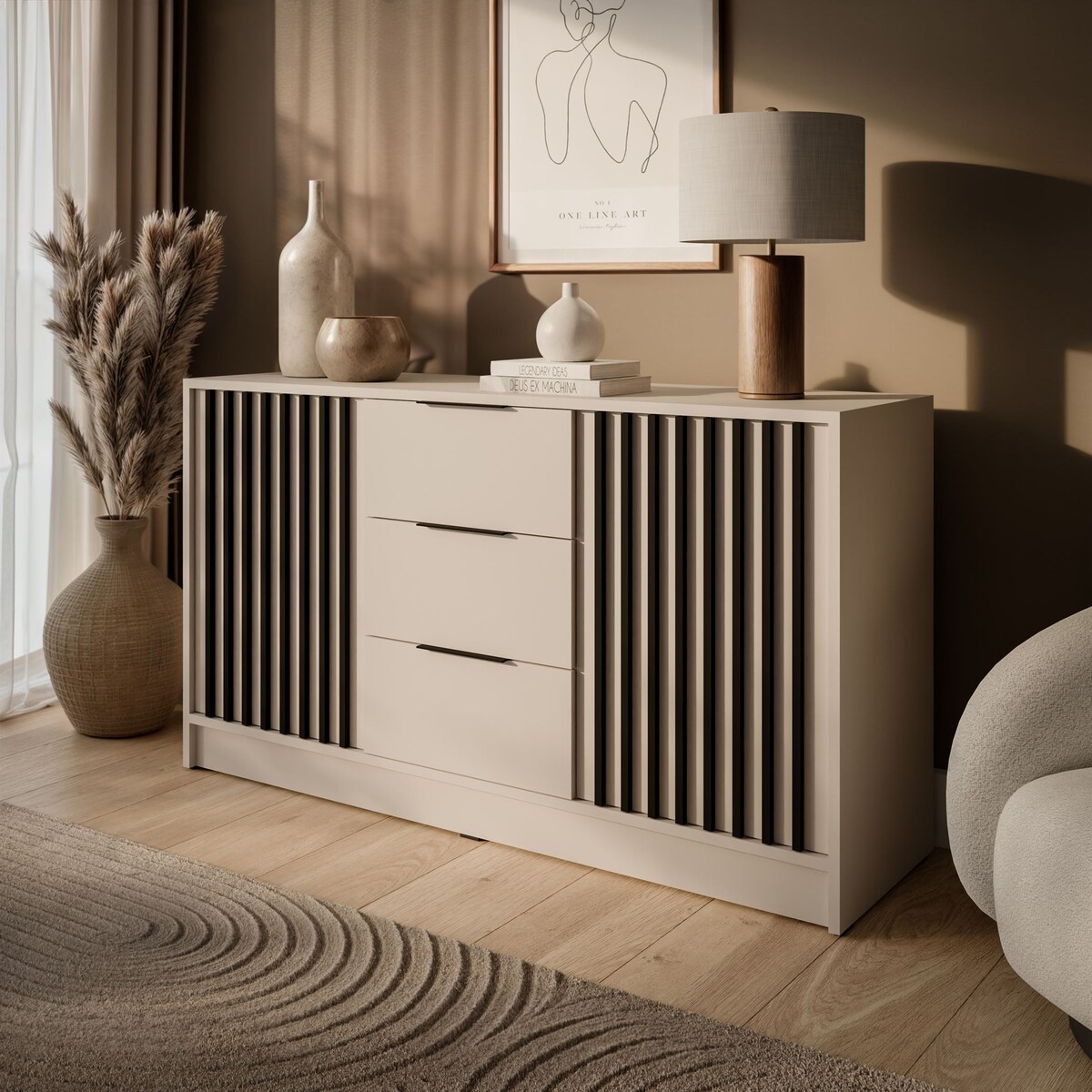 Dwudrzwiowa komoda NELA z lamelami, kaszmir + czarny