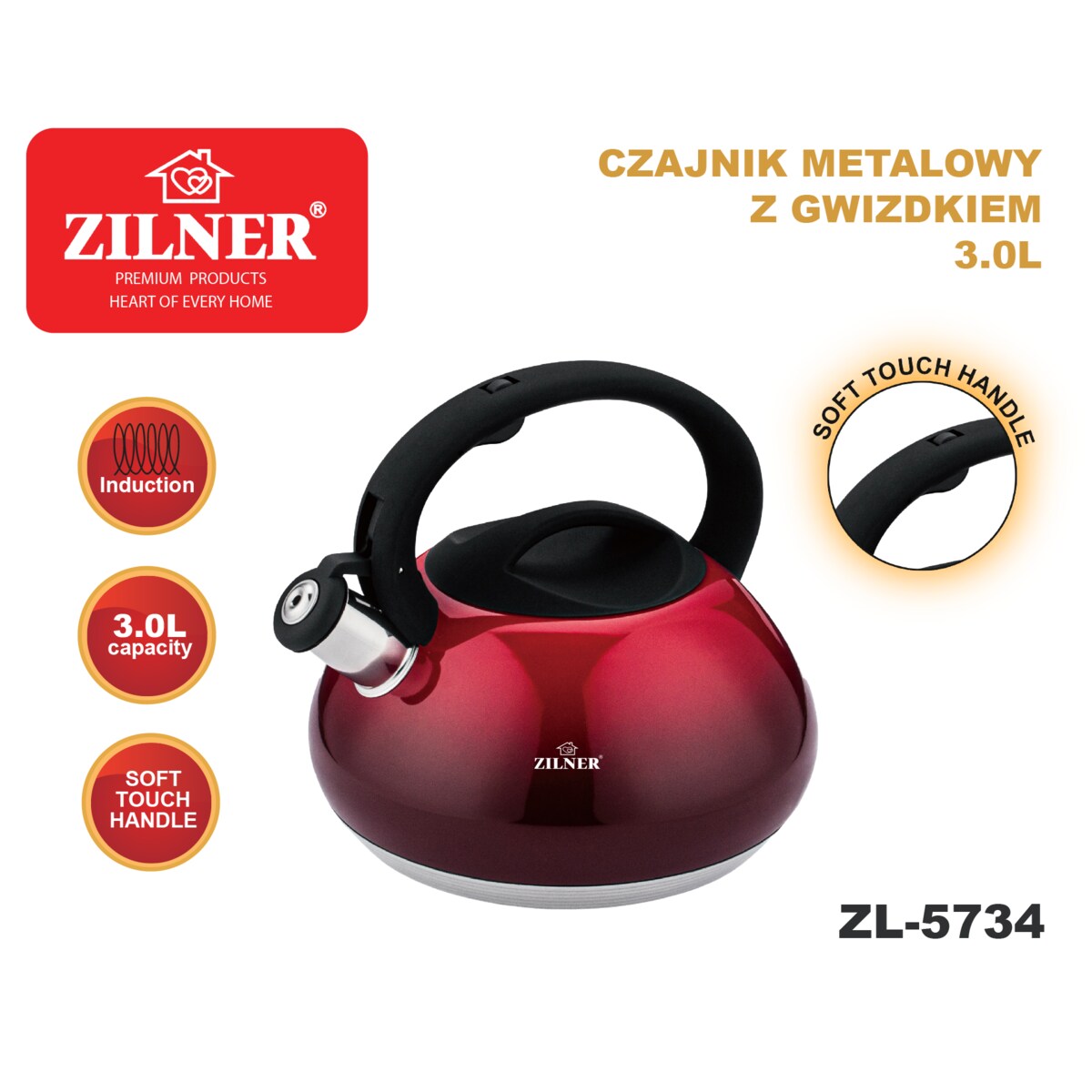 Czajnik na gaz 3L tradycyjny z gwizdkiem błyszczący indukcja czerwony ZILNER