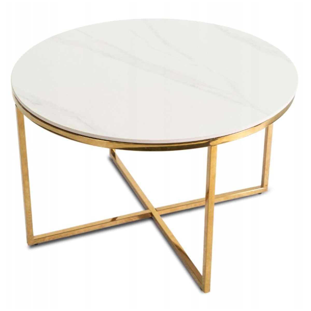 Stolik Kawowy Okrągły Złoty Ława Glamour Biały Połysk Marmur MARINE