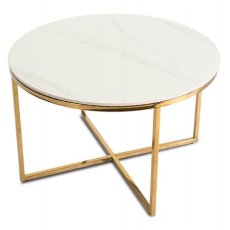 Stolik Kawowy Okrągły Złoty Ława Glamour Biały Połysk Marmur MARINE