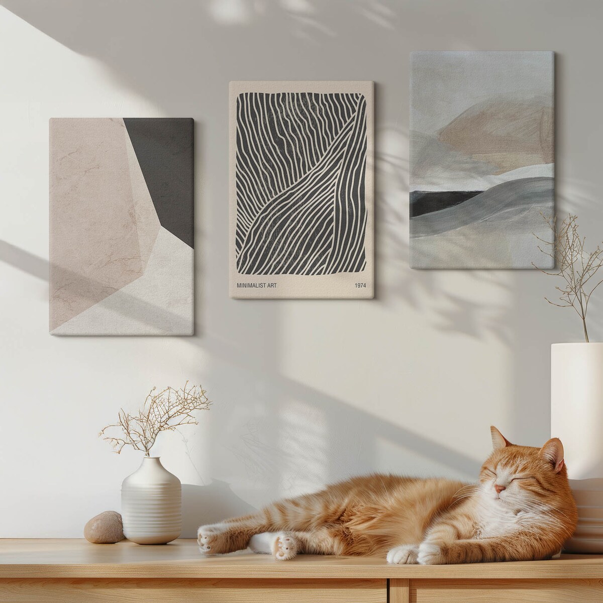 Zestaw 3 małych obrazów na płótnie - Abstrakcyjne wzory beż szarość - beżowy