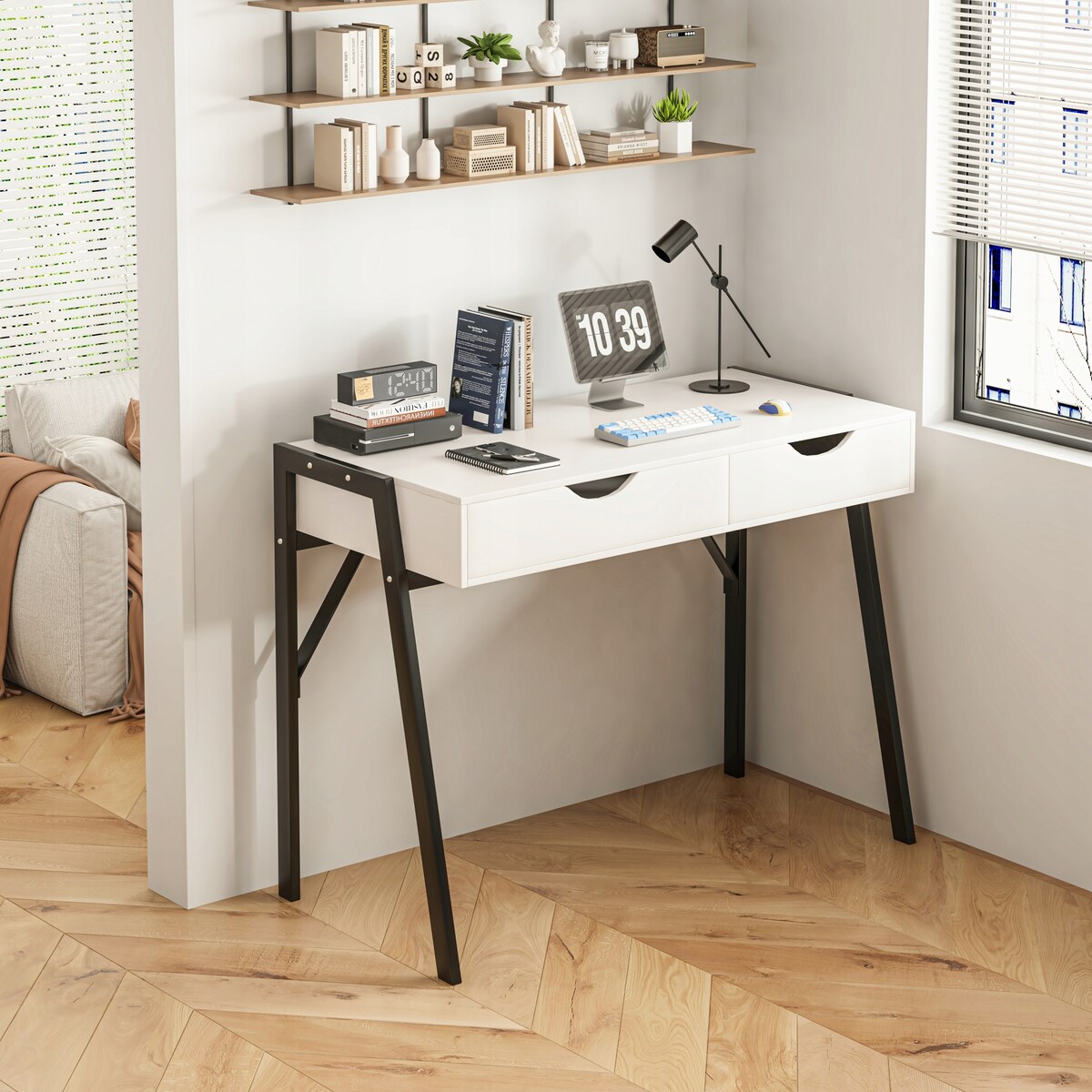 Biurko nowoczesne z szufladami loft białe na czarnych nogach premium 80 cm