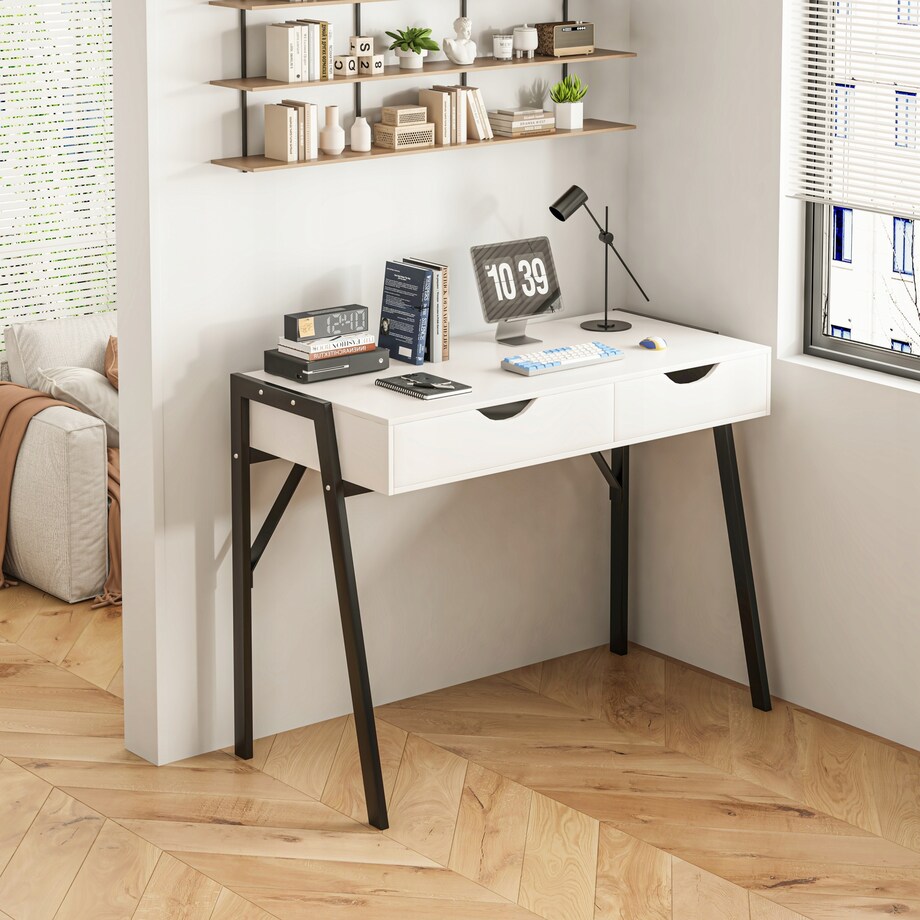 Biurko nowoczesne z szufladami loft białe na czarnych nogach premium 80 cm