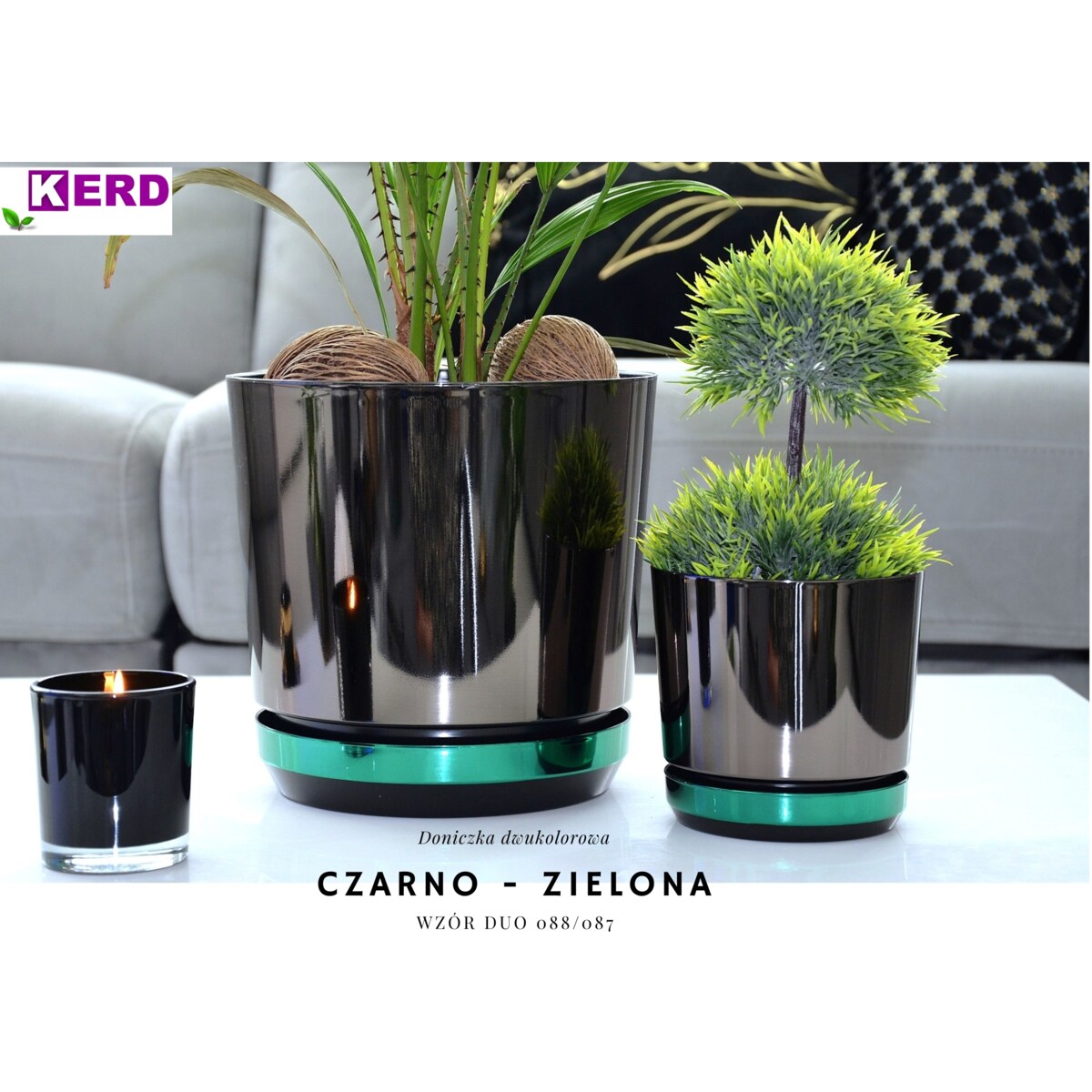 14 Doniczka DUO CZARNA z podstawką ZIELONA dwukolorowa nowoczesna industrialny loft glamour wysoki połysk metaliczna elegancka
