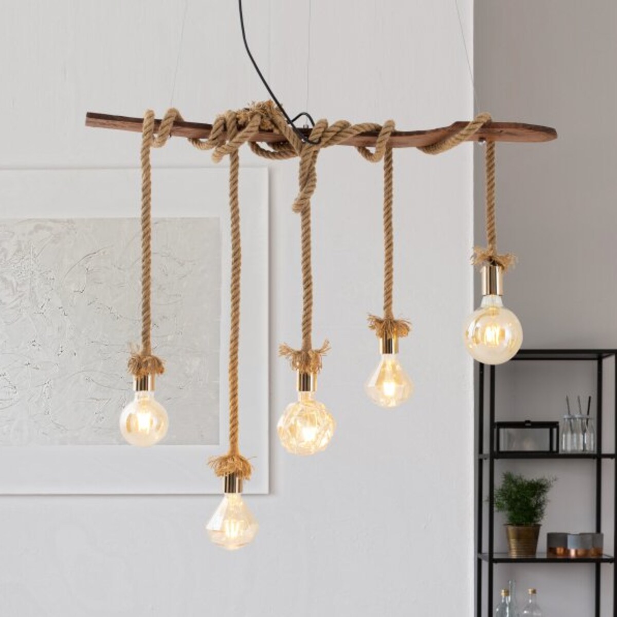 Rustykalna lampa wisząca Rope 6123527 drewniana belka do pokoju brązowa