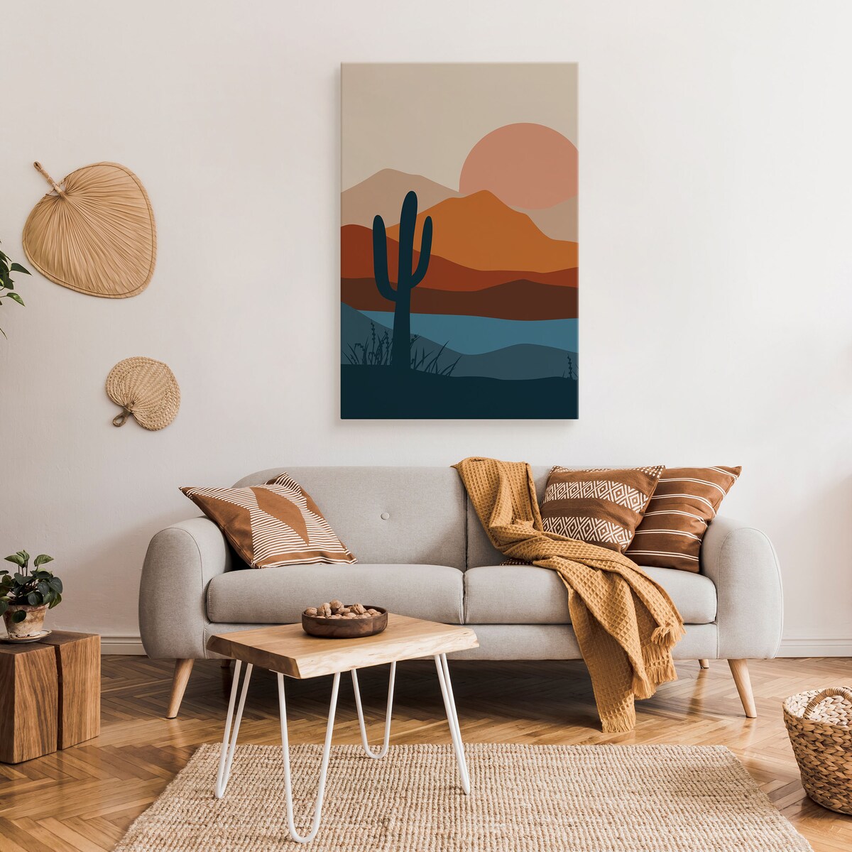 DUŻY OBRAZ DO SALONU AKWARELE PUSTYNIA GÓRY ZACHÓD KAKTUSY 80x120cm