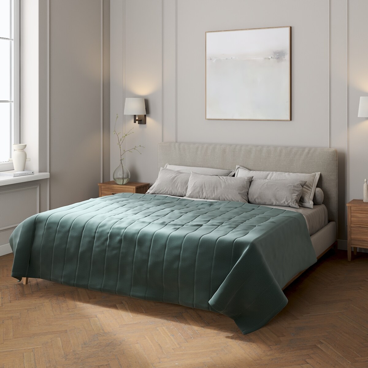 Narzuta pikowana w pasy 260x210 zgaszony szmaragd - welwet