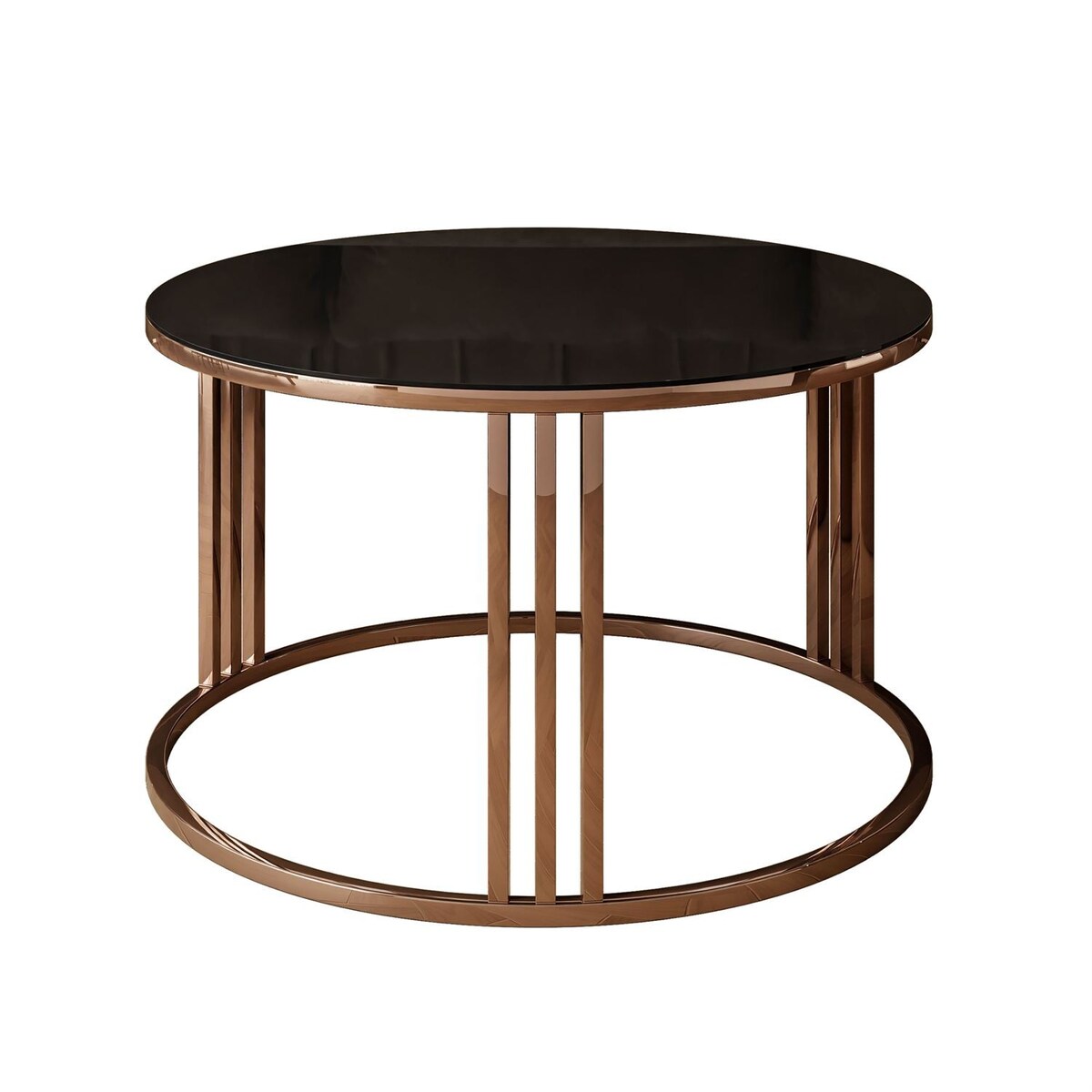 Okrągły stolik kawowy LORI GLASS z miedzianym stelażem, czarne szkło