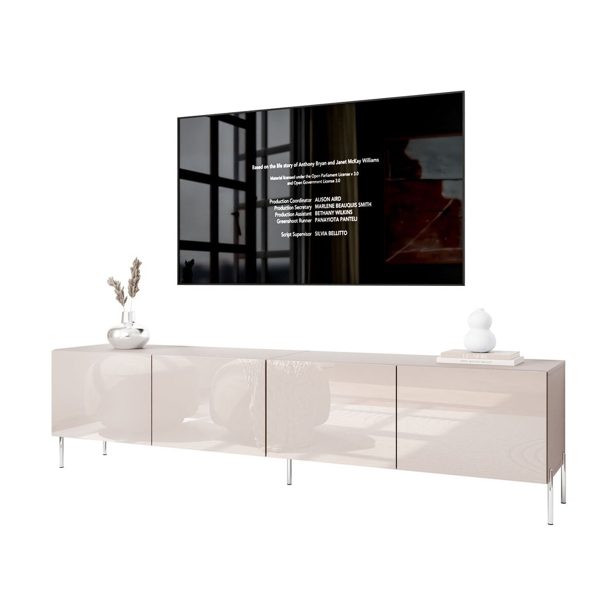 Szafka RTV COLGANTE 200 kaszmir wysoki połysk, oświetlenie LED, nóżki proste srebrne