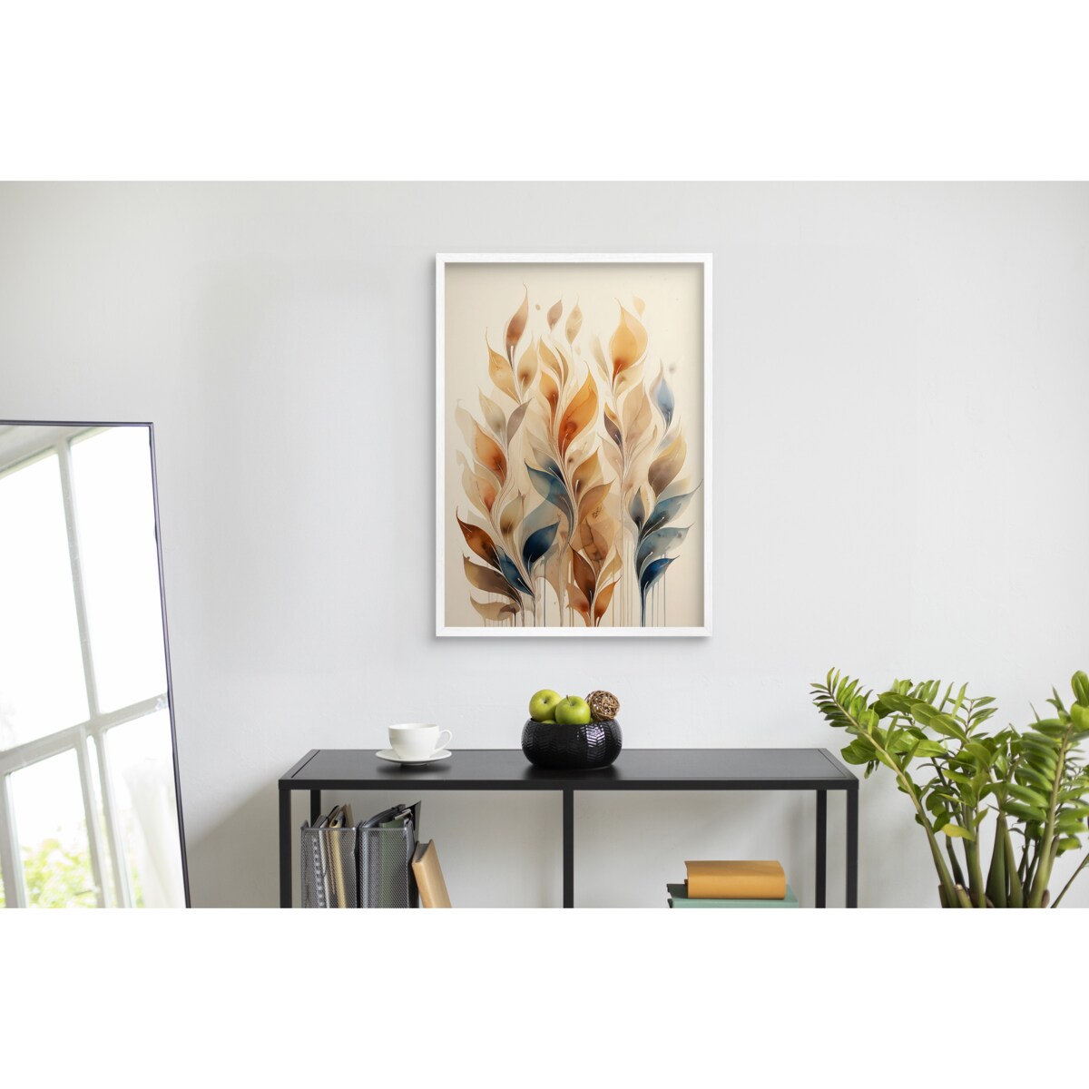 Plakat w złotej ramie do salonu sypialni Beżowy Obraz na ścianę Boho Liście