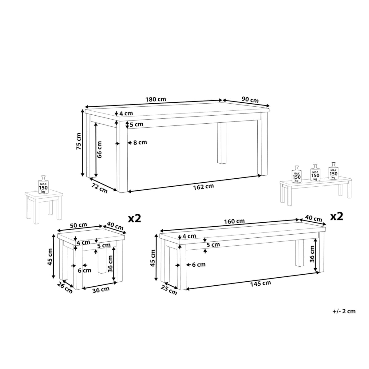 Zestaw ogrodowy stół 2 ławki i 2 stołki szary OSTUNI