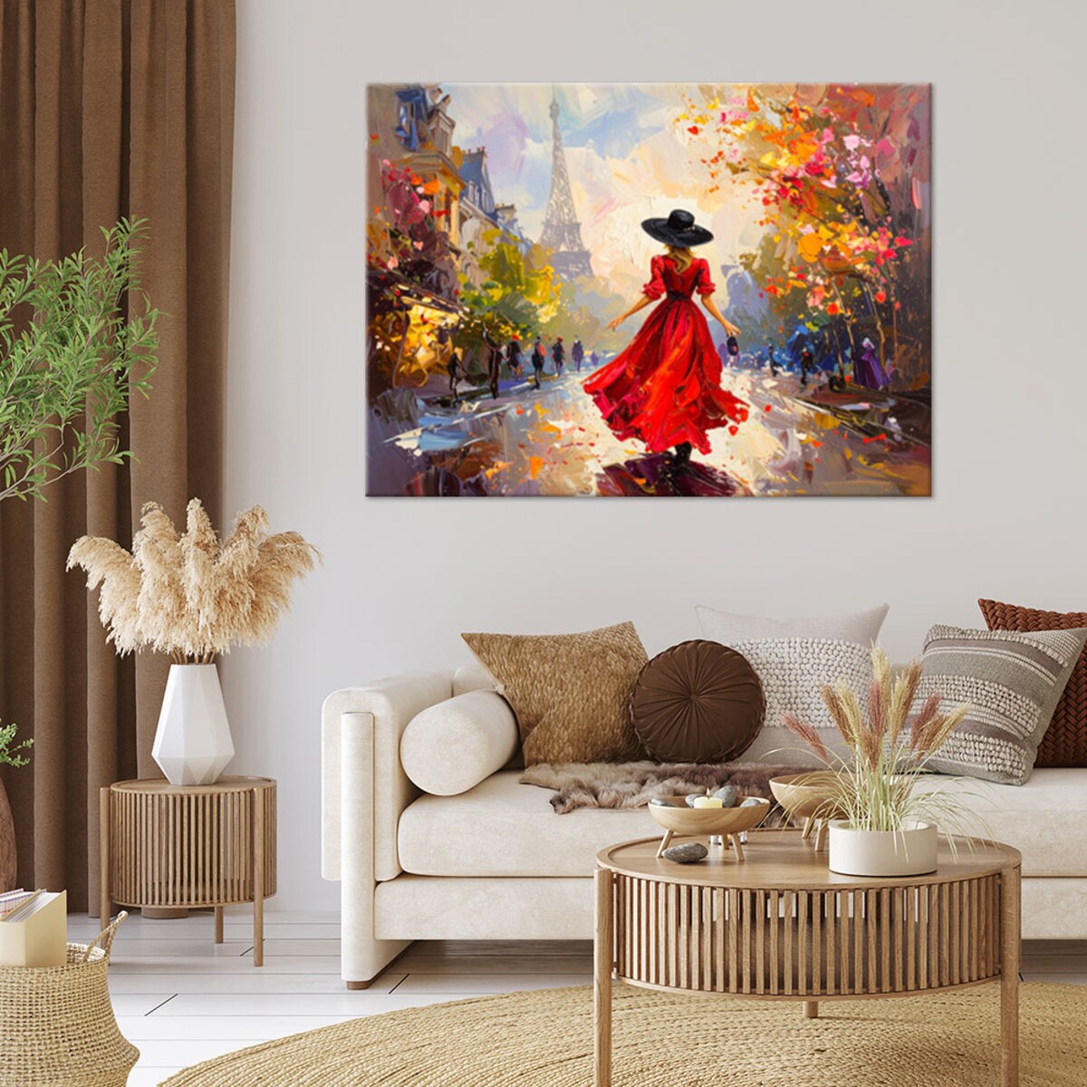 Obraz do salonu sypialni, Kobieta w czerwonej sukience i kapeluszu na tle Wieży Eiffla 90x60 cm