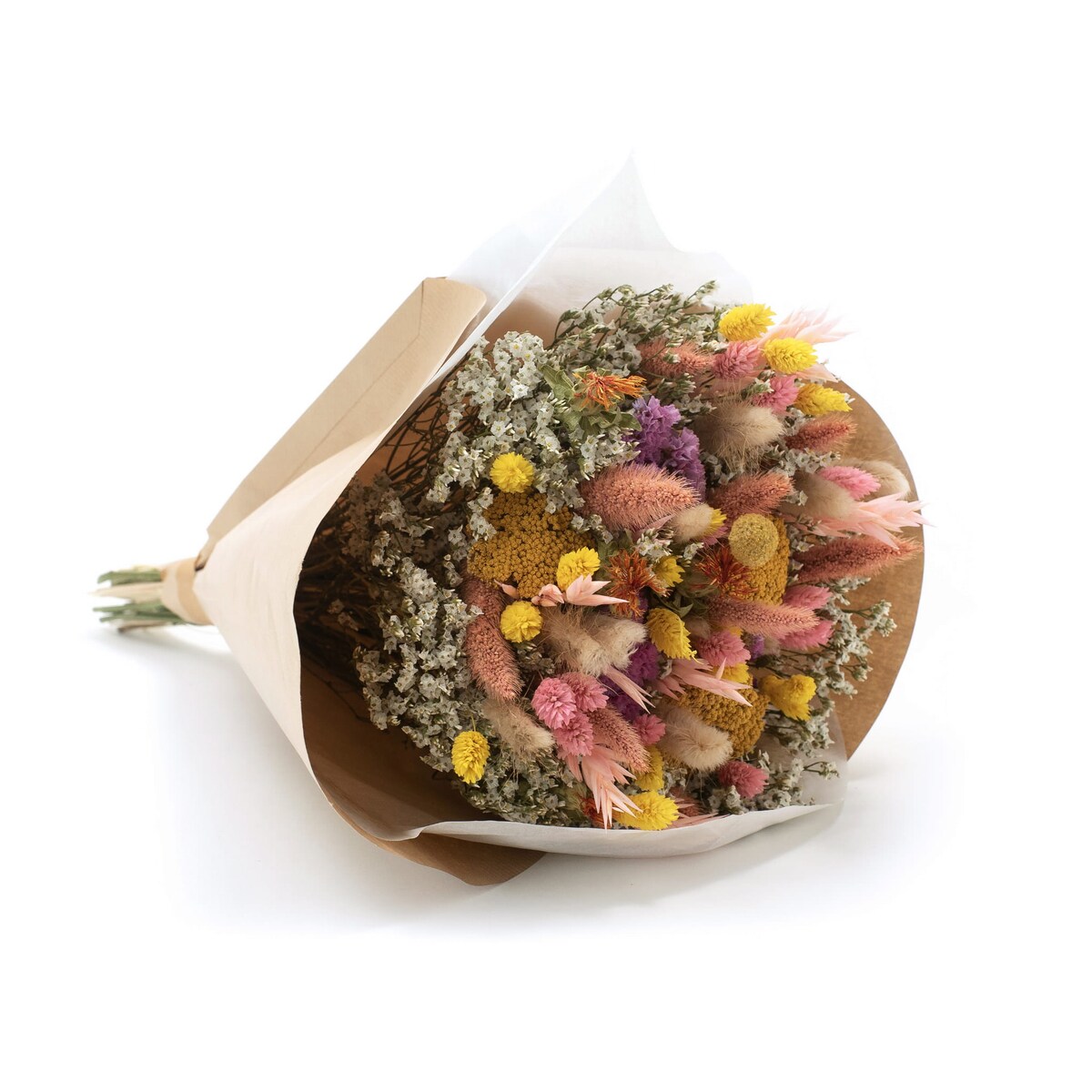 Bukiet suszonych kwiatów premium - krwawnik, kraspedia, phalaris
