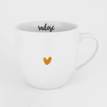 Biały kubek porcelanowy 300 ml „Radość" ze złotym sercem - prezent dla niej, na urodziny, Dzień Kobiet, Dzień Matki