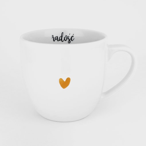 Biały kubek porcelanowy 300 ml „Radość" ze złotym sercem - prezent dla niej, na urodziny, Dzień Kobiet, Dzień Matki