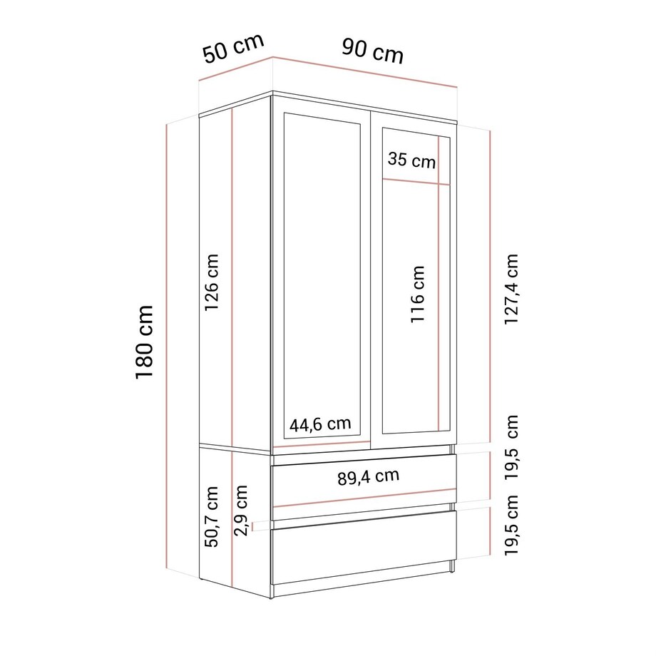 Dwudrzwiowa szafa HANA SS-90 z lustrem, dąb sonoma