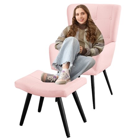 Fotel uszak z podnóżkiem do salonu wypoczynkowy welurowy tapicerowany różowy