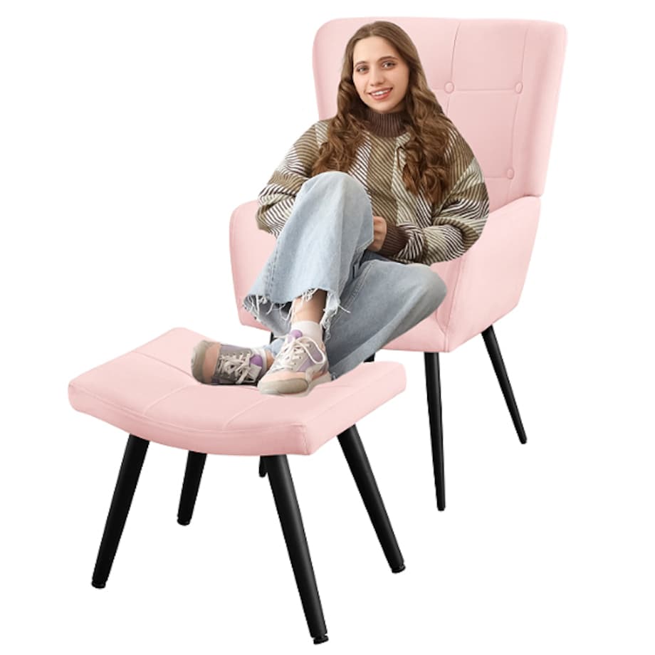 Fotel uszak z podnóżkiem do salonu wypoczynkowy welurowy tapicerowany różowy