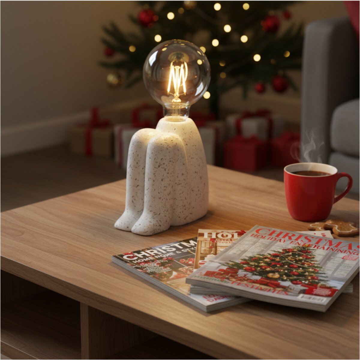 Lampka Nocna Led Stojąca Stołowa Cementowa Dekoracyjna Na Baterie Biała