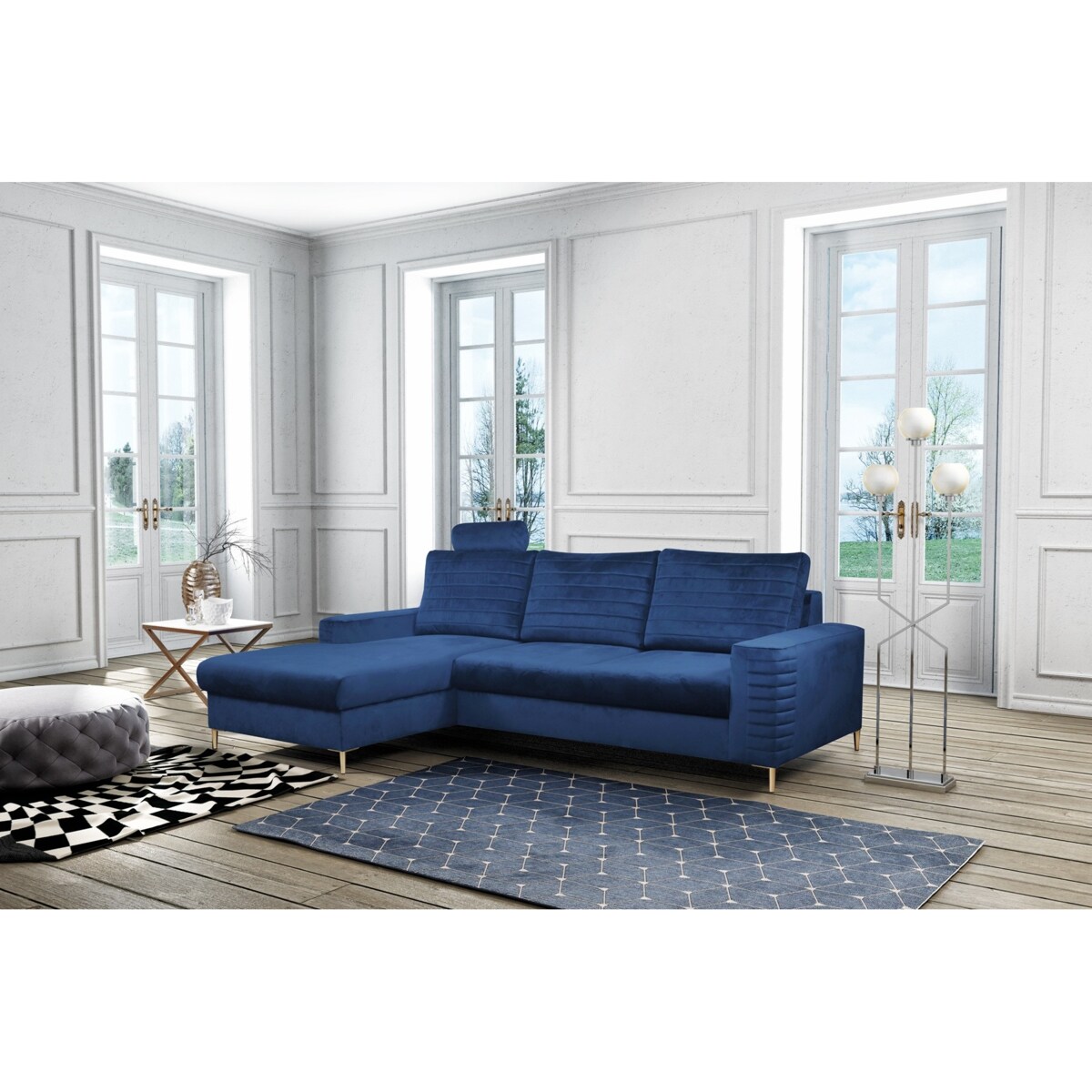 Narożnik rozkładany z zagłówkiem i pojemnikiem OLI, lewostronny, granatowy