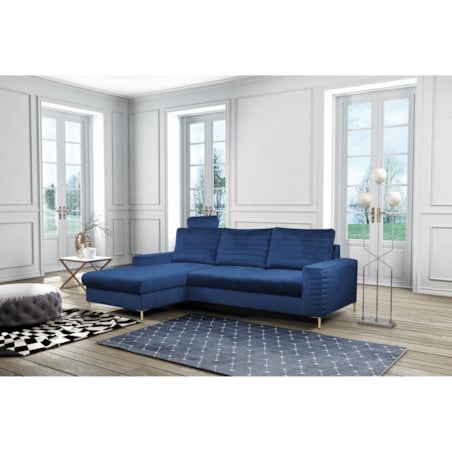 Narożnik rozkładany z zagłówkiem i pojemnikiem OLI, lewostronny, granatowy