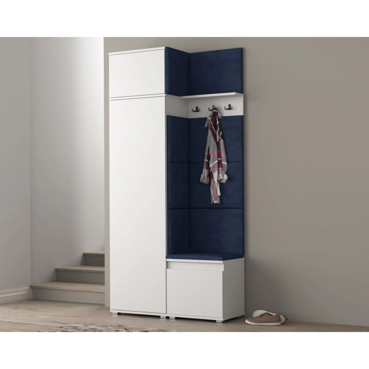 Garderoba z siedziskiem i nadstawką do przedpokoju SINGAPUR 104 biała/granatowa