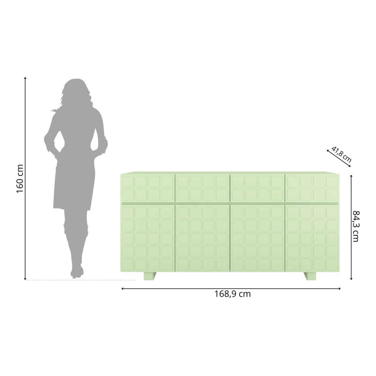 Nowoczesna komoda z frontami 3D Skandica CUBO LONG / kolor pudrowa zieleń / szer. 169 cm