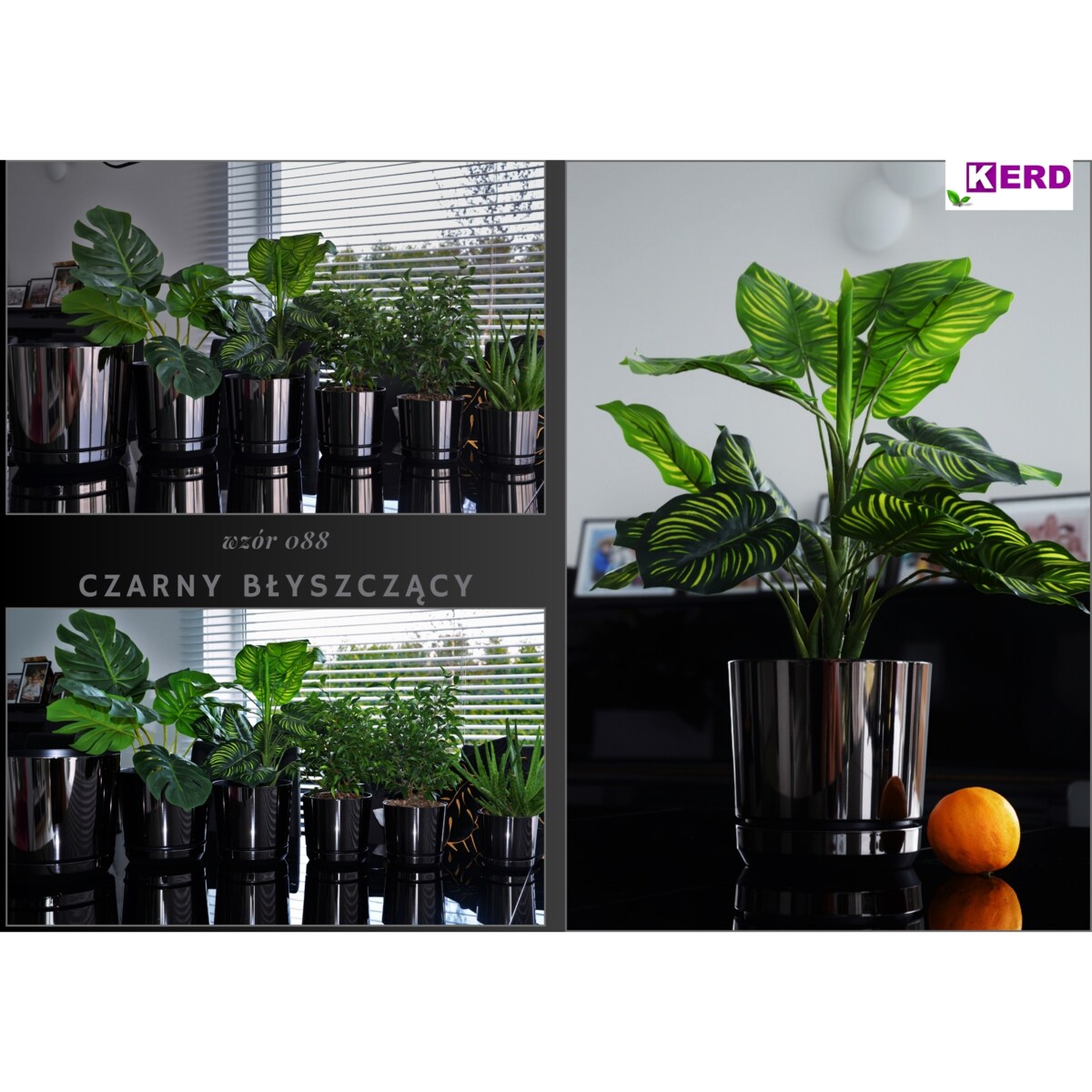 16 cm wzór CZARNY BŁYSZCZĄCY Doniczka z podstawką nowoczesna glamour efekt lustra black wysoki połysk metaliczna elegancka