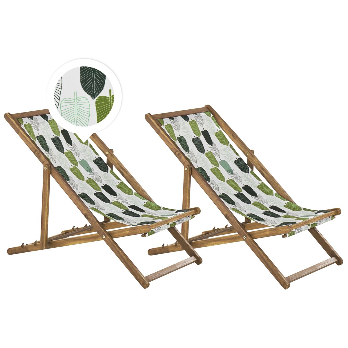 Zestaw 2 leżaków ogrodowych jasne drewno akacjowe wzór w liście zielony ANZIO