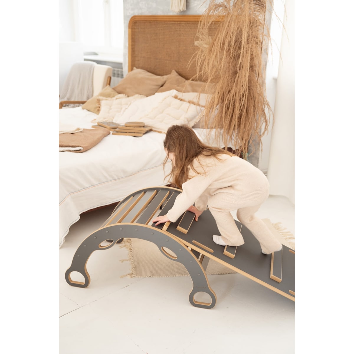 MAŁY bujak montessori z uchwytami + MAŁA zjeżdżalnia DRABINKA - szara
